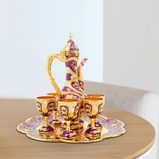 Vintage Purple & Gold Turkish Tea Set Zinc Alloy Teapot 6 Cups Tray picture