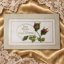 Antique Embossed Birthday Postcard Red Rosebuds Gold Trim Unposted 1910s picture