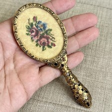 Vintage Austrian Gold Filagree Floral Petitpoint Needlepoint Pocket Mirror picture