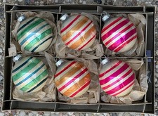 VTG Shiny Brite Made In USA Green Orange Pink Stripe Glass Ornaments picture