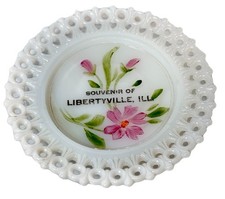 LIBERTYVILLE , ILLINOIS IL  Antique MILK Glass Souvenir PAINTED FLORAL PLATE picture