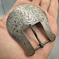 Vtg Sterling Silver 29.7g Western Ranger Etched Design Belt Buckle ~0.8” Belt picture