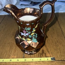 Antique Copper Lustre Pitcher 7 Inch Hand Painted Flowers Staffordshire Style picture
