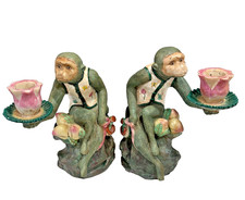 Vintage Chinoiserie Grandmillennial  Monkey Flower Candle Holders Set of 2 picture