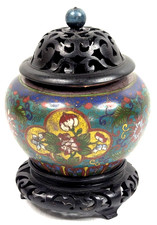 Vintage Chinese Cloisonné Enamel Jar Urn Vibrant Floral Design on Wood Base picture