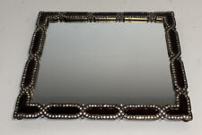 Vintage Burgundy & Faux Diamonds Edged Mirror Vanity Tray Brass Footed 9”x7.5” picture