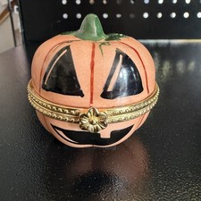 Vtg World Bazaar porcelain Hinged Pumpkin Trinket Box Limoges Style Halloween picture