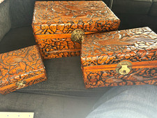 Set of 3 vintage Chinese hand carved boxes  with Red Lining and ￼Latch Lid picture
