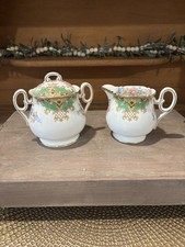 Shelley Sheraton Green Creamer & Sugar Bowl w Lid 13291 Scalloped Bone China picture