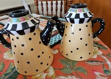 Pair VTG 1998 Mary Engelbreit Yellow & Black POLK-A-DOT Teapot Candle Holders 5” picture