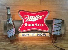 Vintage 1950’s MILLER HIGH LIFE Beer Bottle & 12oz Flat Top Can Bar Light Sign picture