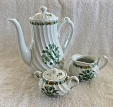 Coffee Pot Set Haviland Limoges France Creamer Sugar Bowl Green and Gold Flowers picture