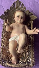 Glorious Baby Jesus Large 10” In Crowned Nativity Glass Eyes Straw Manger picture