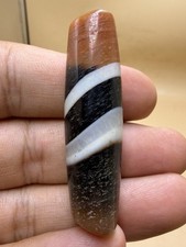Uniqu Banded Agate Dzi Nepal Bead Brown Black White Spiral Stripe 55mm Old Tibet picture