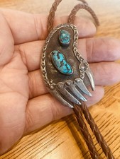 Sterling Silver Hopi Old Pawn Royston Turquoise Bear Badger Paw Bolo Necklace picture