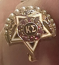 Antique 1929 10K Gold Kappa Epsilon Seed Pearl Ruby Emerald Sorority Pin, Kansas picture