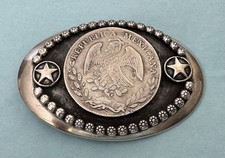 Vintage Sterling Silver México Peso Dollar Reales Coin & Star Trophy Belt Buckle picture