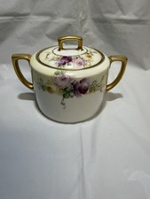 Antique MZ Austria Mortiz Zdekauer Covered Sugar Bowl Hand Painted Roses Gold picture