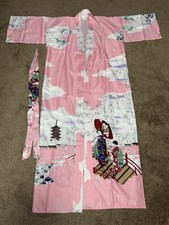 Vintage Juguemm Japanese Kimono Robe Size 56 Medium-Large Pink Floral Sakura 80s picture