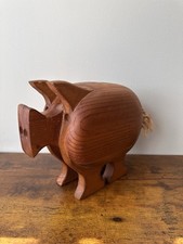 Vintage MCM Folk Art Wooden Piggy Bank Solid Wood Layered Block Sculpture Pig picture