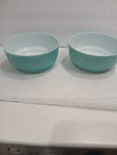 2- Vintage Hazel Atlas Fired  Turquoise Milk Glass Scroll USA Cereal Bowls 1960s picture