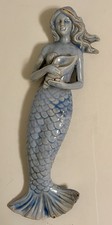 Large 18” Ceramic Mermaid Wall Hanging Blue Glaze Vintage Coastal Beach Decor picture