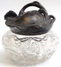 Vintage Antique Art Noveau Lidded Cut Glass And Metal Jar Vanity Victorian picture