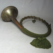ANTIQUE AUSTRIAN BRASS POST HORN HUNTING  HABSBURG DOUBLE-HEADED EAGLE ENGRAVED picture