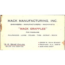Mack Mfg Inc Mack Grapples R.E. Bob Childs Prichard AL Vtg Business Card SD9-B5 picture