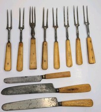 Antique Bone Handled Flatware 8 Forks 3 Knives Set Lot of 11 Unmarked 1800s picture