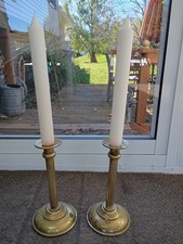 Vtg Pair Brass Altar Candleholders & White Candles picture