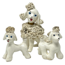 Vintage White Poodle Dog Mom 2 Puppies Porcelain Spaghetti Gold Trim Figurine picture
