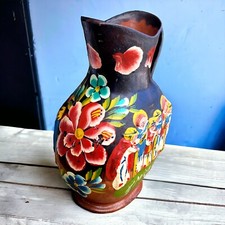 Vintage Mexican Terracotta Pottery Pitcher Vase Folk Art  Hand Painted   picture