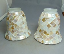 Lot of 2 Vintage Mosaic Shell Tile Mother of Pearl Glass Lamp Shade Bell Shape picture