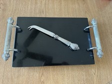 Godinger Art Deco Black Granite Tray Silver Bar Cart Accessory w/ Handles, knife picture