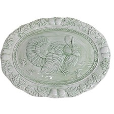 Vtg NOS Mervyn’s 80’s Green Embossed Ceramic Turkey Platter 18.5”x14.5” Portugal picture