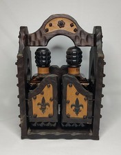 Vintage Decanter Set Amber Glass Bottles Handcrafted Wooden Caddy picture
