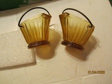 Vintage Pair Amber Glass Coal Scuttle w/Wire Handles Ashtray picture