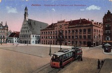 Postcard Zwickau (08056), Main Market with City Hall and Gewandhaus – Tram Line 13 picture