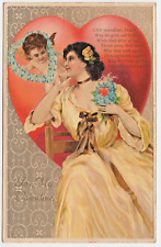 Valentine Vintage Postcard Pretty Woman Cherub Cupid Flower Heart Bouquet picture