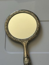 Vtg Silver-Plated 6.25”x 3.5” Victorian Era Hand-Mirror w/Floral Repousse Motifs picture