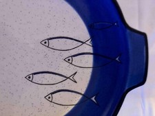 Vintage Artesa Ecuador Blue Fish Motif Hand Painted Tea Pot, Platter & Bowl picture