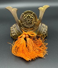 Miniature Japanese Samurai Kabuto Helmet Display Cast Metal Gilt Crest Tassel picture