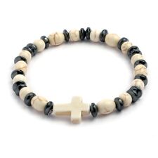 Elastic Rosary Bracelet Cream Stone and Hematite Beads picture