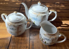 Vtge KUTANI Japanese Eggshell Porcelain Tea Set White Hand Painted W/ Gold. picture