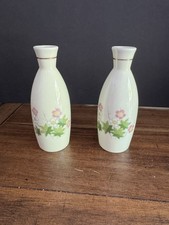 Pair Small Japanese Porcelain Bud Vases Floral Maple Leaf Gold Trim Red Mark picture