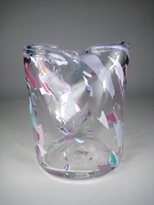 Art Glass Vase 5 inch Unsigned Ponital Confetti Pattern Double Opening Pink picture