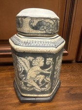 Vintage Porcelain Stoneware Canister Jar Hexagon Cherub Ornate Figural picture