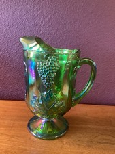 Rare Vintage Indiana Carnival Glass Iridescent Lime Green Harvest Grape Pitcher picture