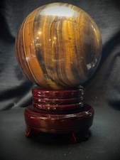 4” Large Tigers Eye Sphere With Wood Swivel Stand 4lb 0.9oz picture